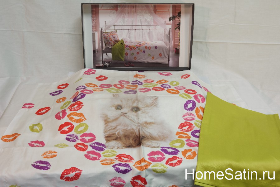 Kitty комплект сатиновго постельного белья от Tivolyo Home зеленого цвета 1.5 спальный, photo №2