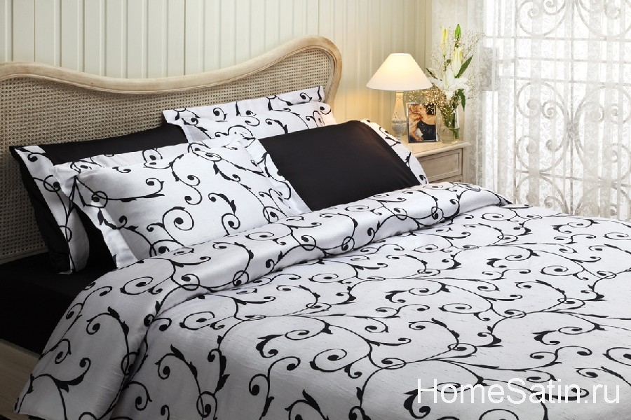Asmara шелковый комплект постельного белья от Tivolyo Home черно-белого цвета евро, photo №1