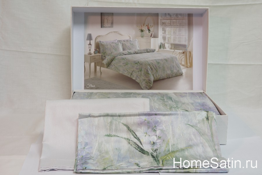 Fleur комплект сатинового постельного белья от Tivolyo Home лилового цвета евро, photo №3